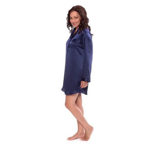 SATIN BLUE JACQUARD SEMI SHEER OVERSIZED BUTTON UP COLLARED SLEEP SHIRT SIZE S